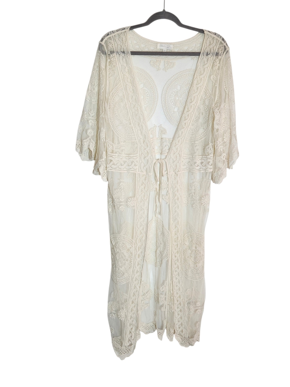 Rebellion Cream Lace Duster Kimono Boho Front Tie Size Medium Flaw